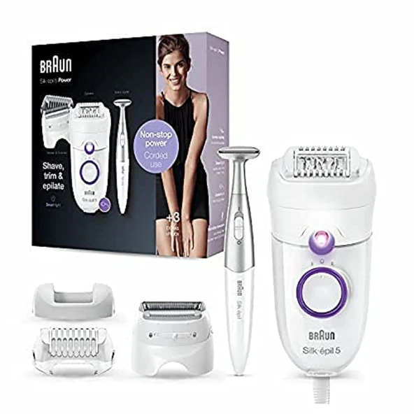 Braun Silk-épil 5-825 Power, kadınlar için elektrikli epilatör, hassas epilasyon, kabloyla kesintisiz enerji, tıraş başlığı ve düzeltme başlığı, bikini bölgesi, beyaz/mor ürün görseli 1