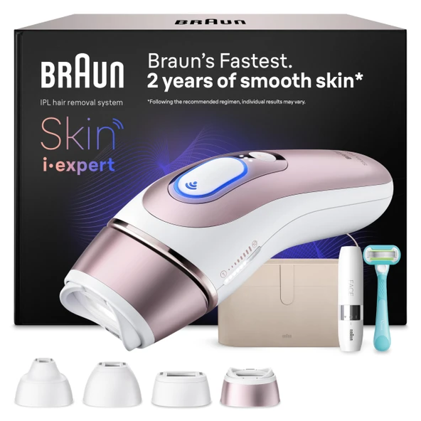 Braun Akıllı IPL epilasyon cihazları Skin i·expert 7 - Ev için kalıcı lazer epilasyon çanta, mini tıraş makinesi, Venus tıraş makinesi, 4 aparat - PL7442, beyaz/pembe altın ürün görseli 1