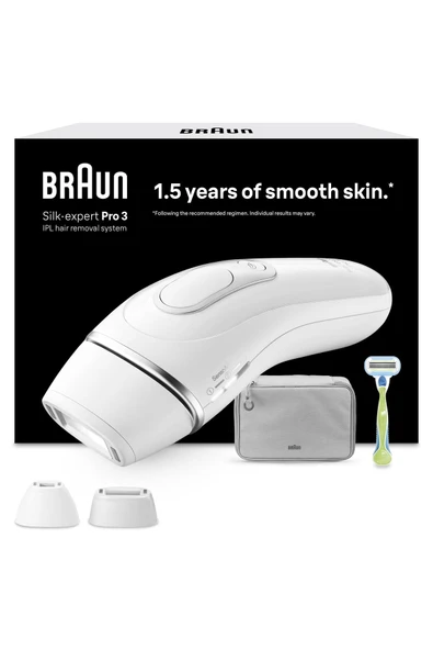 Braun Silk·expert Pro 3 ışık atımlı epilatör, yarı kesin epilasyon, lazere alternatif, çanta, Venus tıraş makinesi, 2 başlık, beyaz/gümüş, PL3122 ürün görseli 1