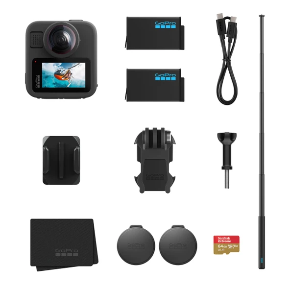 GoPro MAX2 + Aksesuar Paketi - 1,2 m uzatma çubuğu, 2 adet 1960mAh Enduro pil ve 64 GB SanDisk microSD kart içerir ürün görseli 1