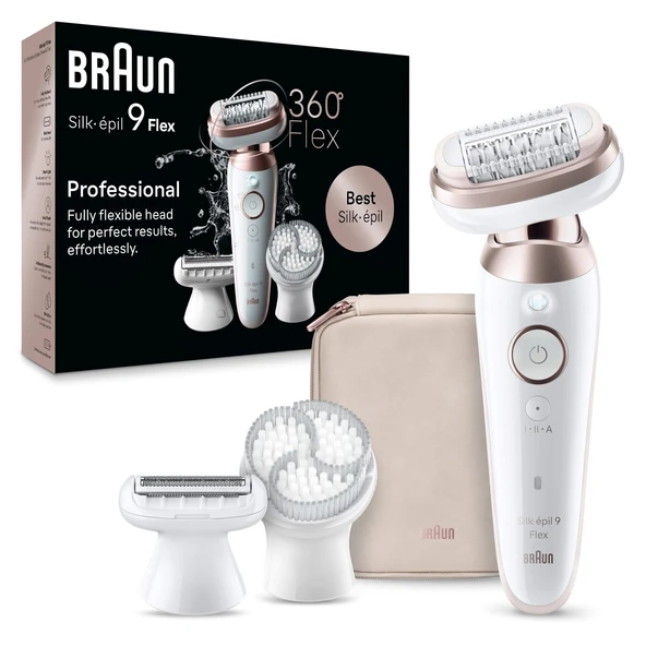 Braun Silk-épil 9 Flex kadın epilatörü, kadınlar için elektrikli epilatör, kolay epilasyon için 360° esnek başlıklı, ıslak ve kuru, uzun pürüzsüz cilt, 9-060 3D, beyaz/pembe ürün görseli 1