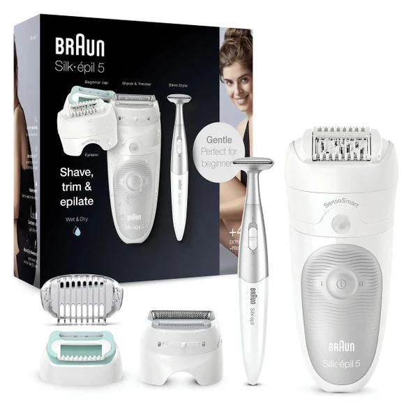 Braun Silk-épil 5 epilasyon / epilasyon için kadın epilatörü, bikini düzeltici (saç düzeltici mahrem bölge), giriş seviyesi aparatı, döner başlık, 5-825, beyaz/gri dahil ürün görseli 1