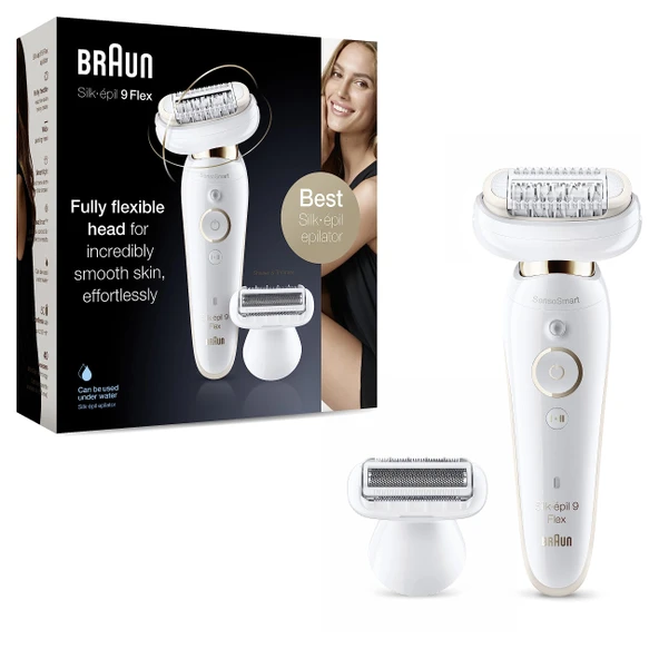 Braun Silk-épil 9 Flex kadın epilatörü / tüy dökücü, 5 aparatlı, çanta, tüyleri daha kolay almak için esnek başlıklı, 9-006, beyaz/altın ürün görseli 1