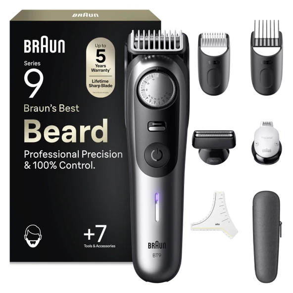 Braun Sakal Düzeltici Serisi 9, Erkek Elektrikli Sakal Düzeltici ve 7 Berber Aleti, Ultra Keskin ProBlade Bıçak, 180 Dakika Pil Ömrü, Kablosuz Sakal Tıraş Makinesi, 52 Boy, Su Geçirmez, BT9520, Krom ürün görseli 1