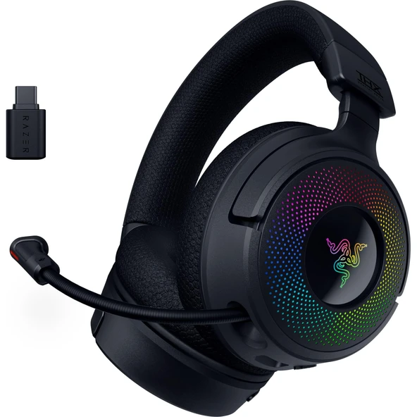 Razer Kraken V4 - Kablosuz PC Oyun Kulaklığı (3 modlu bağlantı, Triforce 40 mm sürücüler, 9 bölgeli RGB kulaklık aydınlatması, karıştırma ve ses seviyesi kontrolleri, THX Spatial Audio) Siyah ürün görseli 1