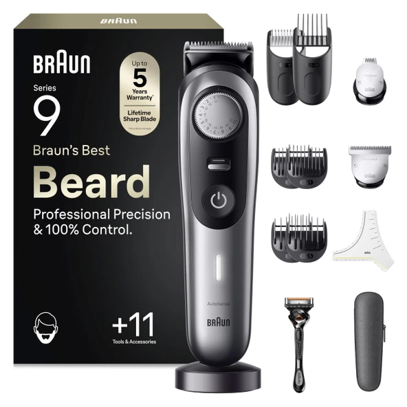 Braun Sakal Düzeltici Serisi 9, Erkek Elektrikli Sakal Düzeltici ve 11 Berber Aleti, Ultra Keskin ProBlade Bıçak, 180 Dakika Pil Ömrü, Kablosuz Sakal Tıraş Makinesi, 40 Boy, Su Geçirmez, BT9440, Krom ürün görseli 1
