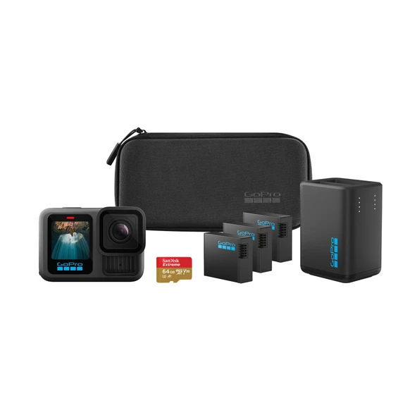 GoPro HERO13 Black Genişletilmiş Güç Paketi - Çift Şarj Cihazı, 3 Enduro Pil, 1 Kavisli Yapışkan Montaj Parçası, 64 GB MicroSD Kart, Montaj Klipsi + Başparmak Vidası, 2 USB-C Kablosu, Kamera Çantası ürün görseli 1