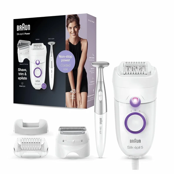 Braun Silk-épil 5 Elektrikli Tıraş Başlığı ve Bikini Düzelticili Elektrikli Tüy Alma Epilatörü, 28 Cımbızlı Kablolu Epilatör, Kadınlar için Hediyeler, 5-825, Beyaz/Mor ürün görseli 1