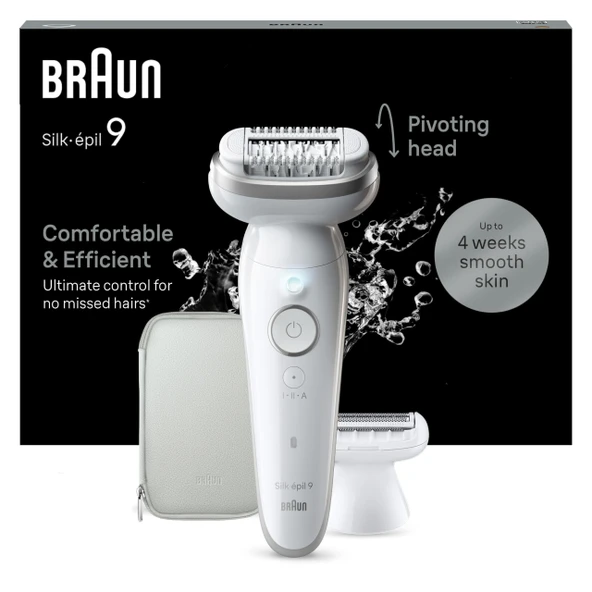 Braun Silk-épil 9, uzun süreli epilasyon için kadın epilatörü / tüy çıkarıcı, kadın tıraş makinesi, tıraş aparatı, düzeltme aparatı, 9-041, beyaz/gümüş ürün görseli 1