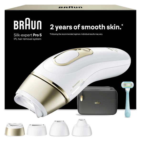 Braun Akıllı IPL epilasyon cihazları Silk Expert Pro 5 - Ev için profesyonel kalıcı lazer epilasyon, Almanya'da tasarlandı - Dahil. çanta, Venus tıraş makinesi, 4 aparatlı - PL5431, beyaz/altın ürün görseli 1