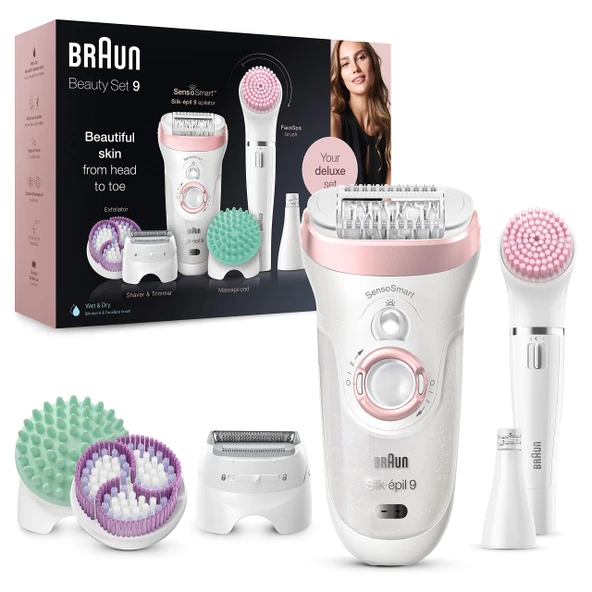 Braun Silk-épil 9 güzellik seti, kadın epilatörü / tüy çıkarıcı, FaceSpa sakal çıkarıcı, tıraş makinesi için aparatlar, peeling, yüz/vücut temizliği, çanta, 9-995, beyaz/flamingo ürün görseli 1
