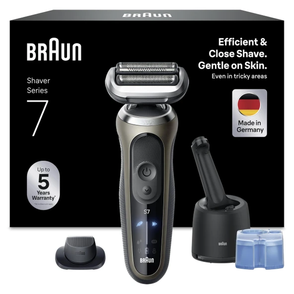 Braun Series 7 erkekler için elektrikli tıraş makinesi, 60 dk. pil ömrü, 4'ü 1 arada SmartCare temizleme istasyonu, +1 aparat, kablosuz ıslak ve kuru tıraş makinesi, su geçirmez, 72-C7200cc, altın ürün görseli 1