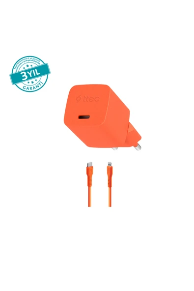 Ttec SmartCharger GAN 20W PD Seyahat Hızlı Şarj Aleti + USB-C - Lightning 120cm Kablo Neon Turuncu ürün görseli 1