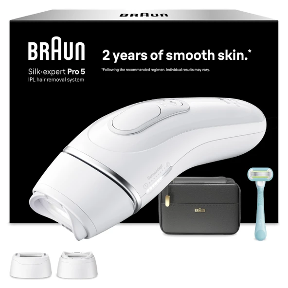 Braun Akıllı IPL epilasyon cihazları Silk Expert Pro 5 - Ev için profesyonel kalıcı lazer epilasyon, Almanya'da tasarlandı - Dahil. çanta, Venus tıraş makinesi, 2 aparatlı - PL5234, beyaz/gümüş ürün görseli 1