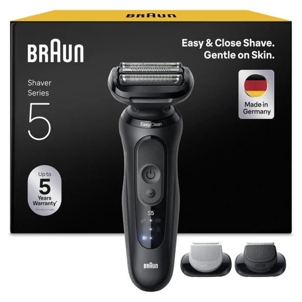 Erkekler için Braun Series 5 elektrikli tıraş makinesi, 50 dk. pil ömrü, +2 aparat, erkekler için kablosuz ıslak ve kuru tıraş makinesi, Almanya'da üretilmiştir, su geçirmez, 52-N1650si, siyah ürün görseli 1