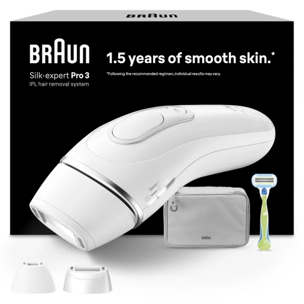 Braun IPL epilasyon cihazları Silk Expert Pro 3 - Evde kalıcı ve ağrısız epilasyon - Dahil. saklama çantası, Gillette Venus tıraş makinesi ve 3 aparat - PL3222, beyaz/gümüş ürün görseli 1