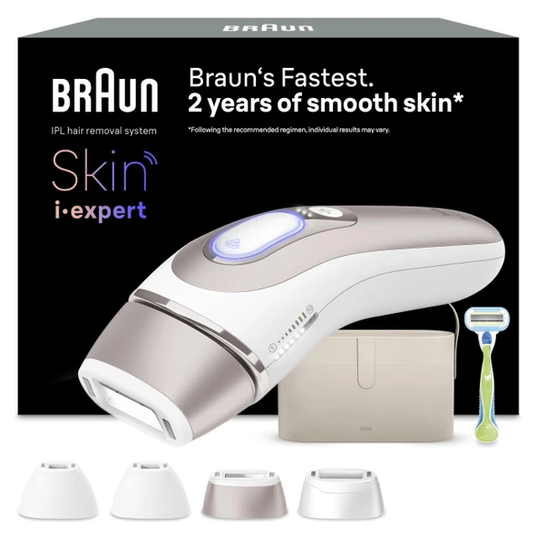 Braun Smart IPL 7 Skin i·expert - IPL cihazı evde epilasyon, kalıcı ve ağrısız epilasyon - ücretsiz uygulama, çanta, Venus tıraş makinesi, 4 akıllı aparat dahil - PL7387, beyaz/pembe altın ürün görseli 1