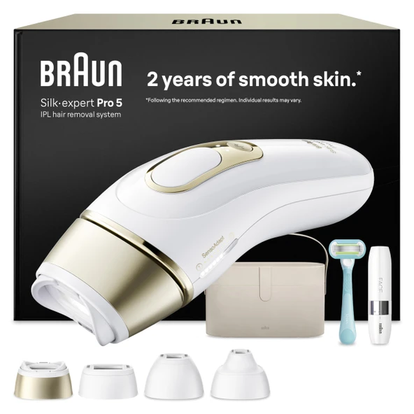 Braun Akıllı IPL epilasyon cihazları Silk Expert Pro 5 - Evde kalıcı lazer epilasyon, Almanya'da tasarlandı - Dahil. çanta, mini tıraş makinesi, Venus tıraş makinesi, 4 aparat - PL5442, beyaz/altın ürün görseli 1