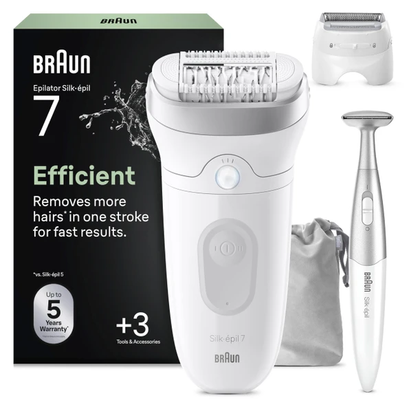 Braun Silk·épil 7, kadın epilatörü, tüyleri kolay almak için geniş başlık, ıslak ve kuru, uzun ömürlü pürüzsüz cilt - tıraş aparatı, düzeltme aparatı ve bikini düzeltici dahil - 7-241, gümüş ürün görseli 1