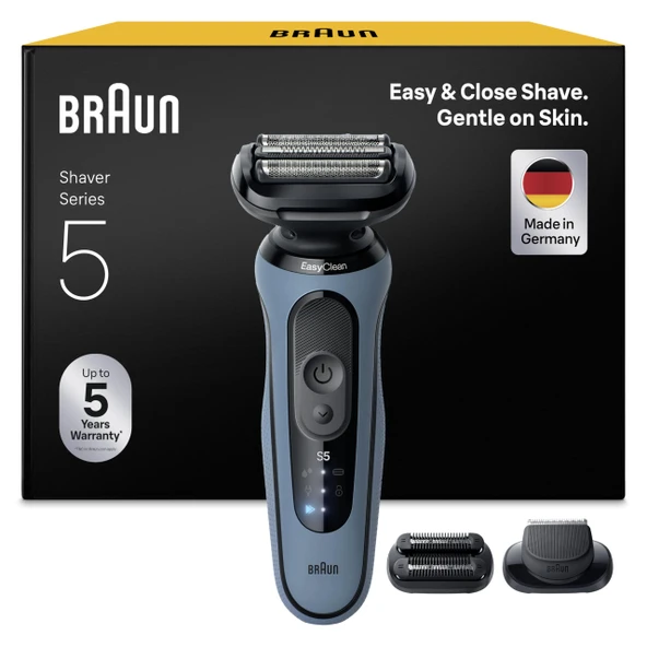 Braun Series 5 erkekler için elektrikli tıraş makinesi, 50 dk. pil ömrü, +2 aparat, erkekler için kablosuz ıslak ve kuru tıraş makinesi, Almanya'da üretilmiştir, su geçirmez, 52-A1820si, gök mavisi ürün görseli 1