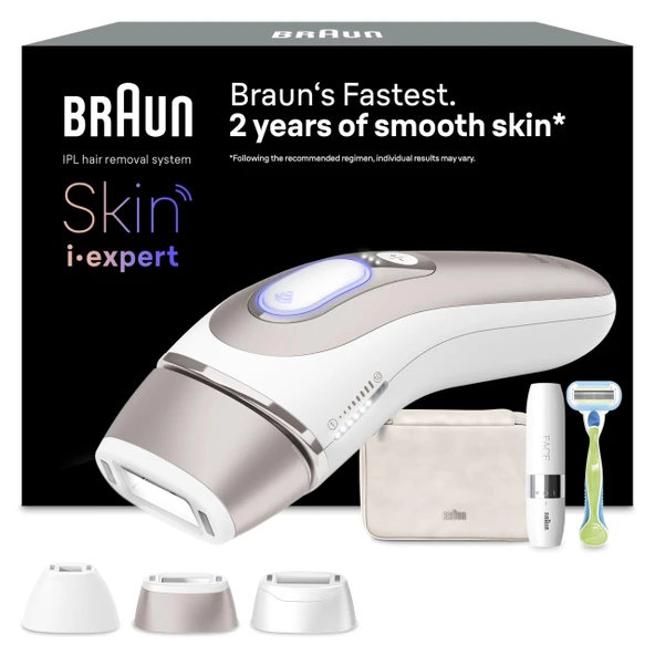Braun Smart IPL 7 Skin i·expert - IPL cihazı evde epilasyon, kalıcı ve ağrısız epilasyon - ücretsiz uygulama, çanta, Venus tıraş makinesi, 3 akıllı aparat dahil - PL7249, beyaz/pembe altın ürün görseli 1