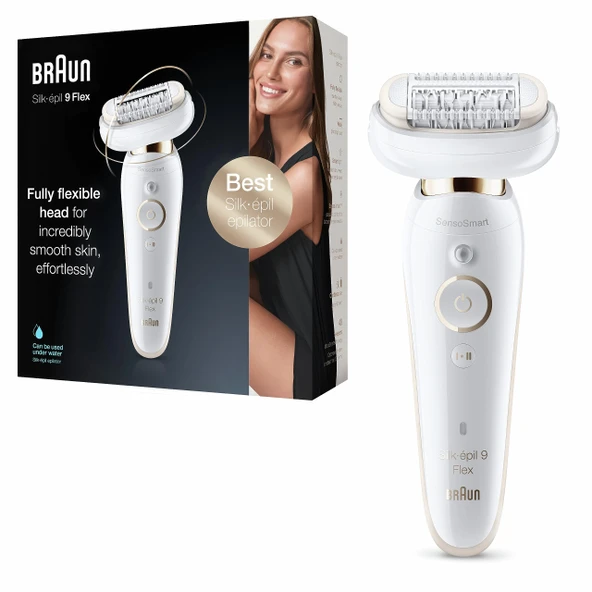 Braun Silk-épil 9 Flex, esnek başlıklı kadın epilatörü / tüy dökücü, kablosuz epilasyon, 40 cımbızlı geniş başlık, 9-001, beyaz/altın ürün görseli 1