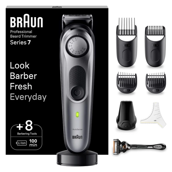 Braun Sakal Düzeltici Erkek Serisi 7, Erkek Sakal Düzeltici, 8 Aksesuarlı, Ömür Boyu Ultra Keskin Bıçak, 100 Dak. Pilli, Kablosuz Sakal Tıraş Makinesi, 40 Boy, Su Geçirmez, BT7420, Gri ürün görseli 1