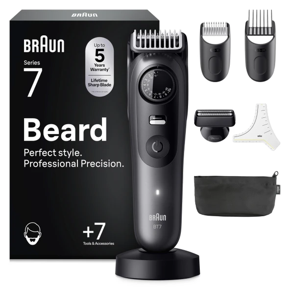 Braun Beard Trimmer Series 7, Erkek Elektrikli Sakal Kesme Makinesi, 7 Aksesuarlı, Ömür Boyu Keskin Bıçak, 120 Dakika Pil Ömrü, Kablosuz Sakal Tıraş Makinesi, 40 Boy, Su Geçirmez, BT7525, Gri ürün görseli 1
