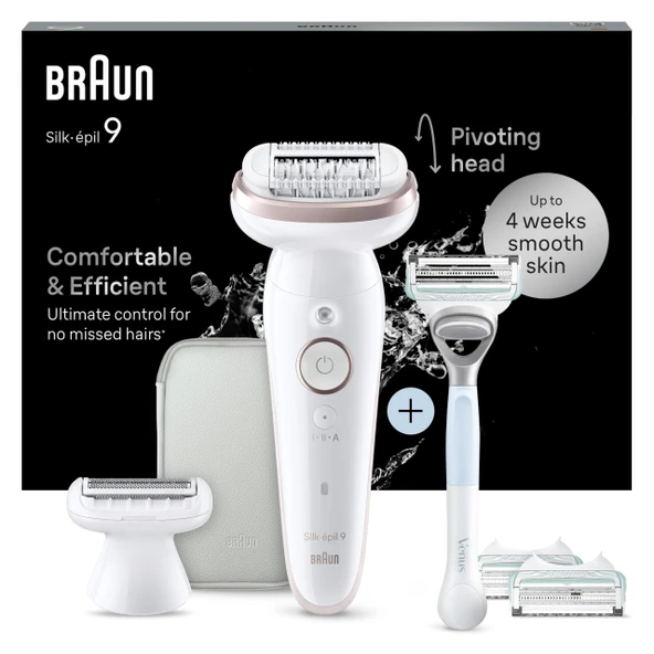 Braun Silk-épil 9 kadın epilatörü, döner başlıklı kadın tıraş makinesi, kolay epilasyon, ıslak ve kuru, su geçirmez - Gillette Venus tıraş makinesi ve düzeltici aparatını içerir - 9-130, beyaz/pembe ürün görseli 1