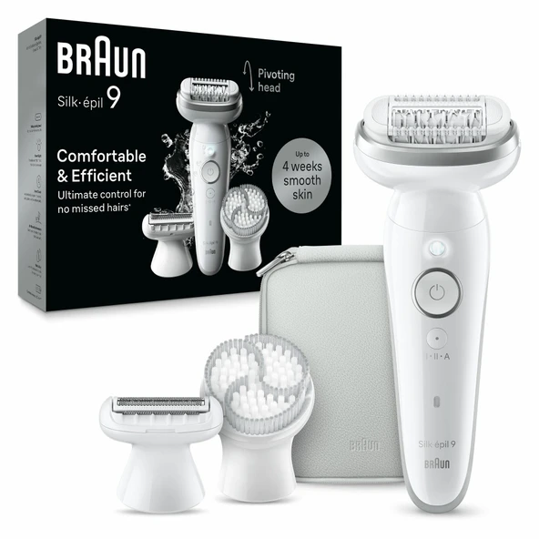 Braun Silk-épil 9 kadın epilatörü, kadınlar için elektrikli epilatör, kolay epilasyon için esnek başlıklı, ıslak ve kuru, uzun pürüzsüz cilt, 9-061, beyaz/gümüş ürün görseli 1