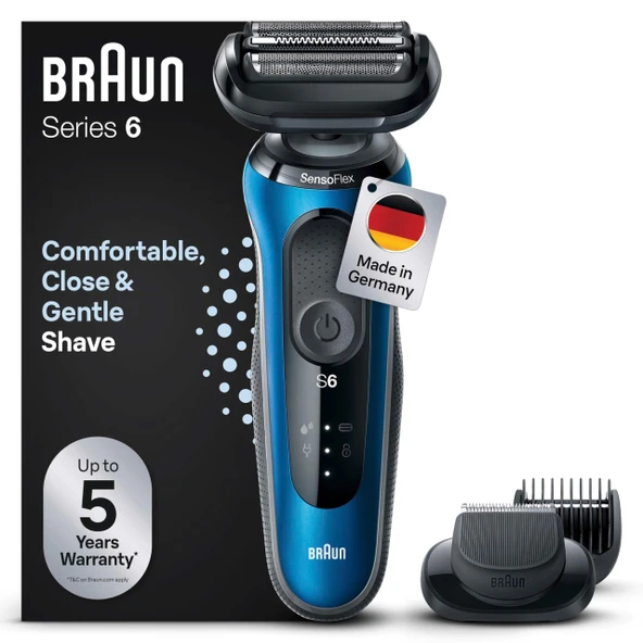 EasyClick sakal kesme aparatlı Braun Series 6 elektrikli tıraş makinesi, SensoFlex erkek elektrikli tıraş makinesi, ıslak ve kuru, erkeğe hediye, Almanya'da üretilmiştir, 61-B1500s, mavi ürün görseli 1