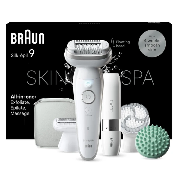 Braun Silk-épil 9 SkinSpa Kadın Epilatörü, Hepsi Bir Arada Set, Uzun Süreli Tüy Alma için Tüy Çıkarıcı, Bayan Tıraş Makinesi, Su Geçirmez - Dahil. Facespa Yüz Tüy Giderici - 9-381, Beyaz/Gümüş ürün görseli 1