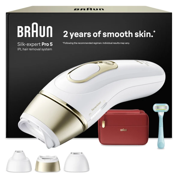 Braun Akıllı IPL Cihazları Silk·expert Pro 5 — Ev için Profesyonel Kalıcı Lazer Epilasyon, Almanya'da Tasarlandı — Dahil. Çanta, Venus Tıraş Makinesi, 3 Ek Parçalı — PL5321, Beyaz/Altın ürün görseli 1