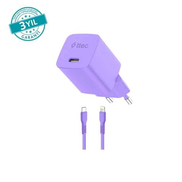 Ttec SmartCharger GAN 20W PD Seyahat Hızlı Şarj Aleti + USB-C - Lightning 120cm Kablo Neon Mor ürün görseli 1