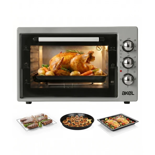 Akel AF340L 34lt Gri Mini/Midi Fırın, Aydınlatmalı, Zaman Ayarlı, Izgara & Fırın, 2 Tepsi 1 Tel Izgara