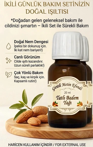 Giritli Metin Efendi 2 Şişe %100 Saf Tatlı Badem Yağı 2X20 ml - Saç ve Cilt Bakımı Için Canlandırıcı Doğal Bakım Yağı ürün görseli 1