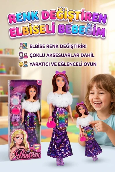 Happy Princess Renk Değiştiren Pullu Elbiseli Oyuncak Bebek - 30 cm - Aksesuarlı Modaya Uygun Bebek ürün görseli 1