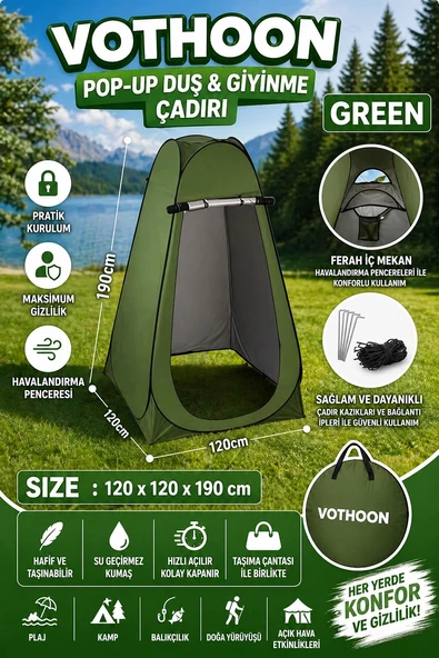 Otomatik Kabin Giyinme Çadırı 120x120x190 Cm Üst Havalandırma Yan Pencereli Duş & Wc Çadırı ürün görseli 1