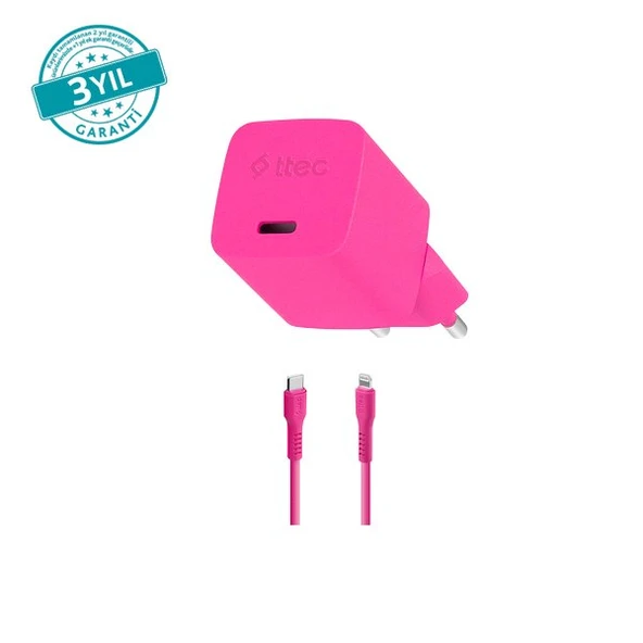 Ttec SmartCharger GAN 20W PD Seyahat Hızlı Şarj Aleti + USB-C - Lightning 120cm Kablo Neon Pembe ürün görseli 1