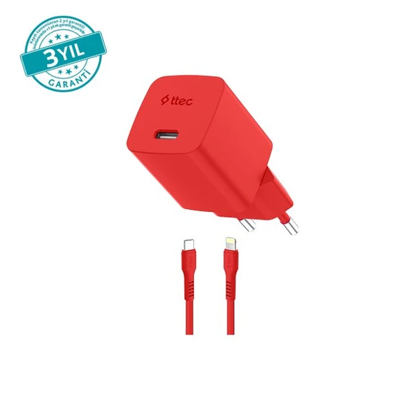 Ttec SmartCharger GAN 20W PD Seyahat Hızlı Şarj Aleti + USB-C - Lightning 120cm Kablo Neon Kırmızı ürün görseli 1