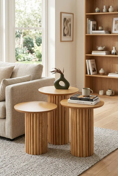 Oslo Yuvarlak Cilalı MDF Zigon Sehpa  3'lü Set, Ahşap Ayak ürün görseli 1