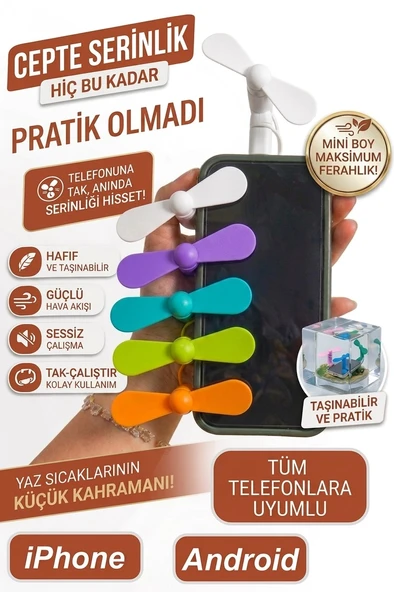Tüm Telefonlara Uyumlu Mini Cep Vantilatörü  Type-C & Lightning 2 Girişli Fan – Powerbank ve Tablet Uyumlu Taşınabilir Soğutucu (9 cm Pervane) ürün görseli 1