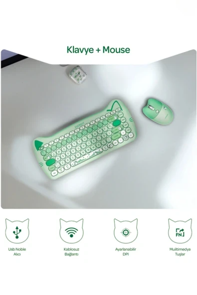 Everest Catty Mini KM-6285 Yeşil TKL Kablosuz Klavye Mouse Seti - Resim 3