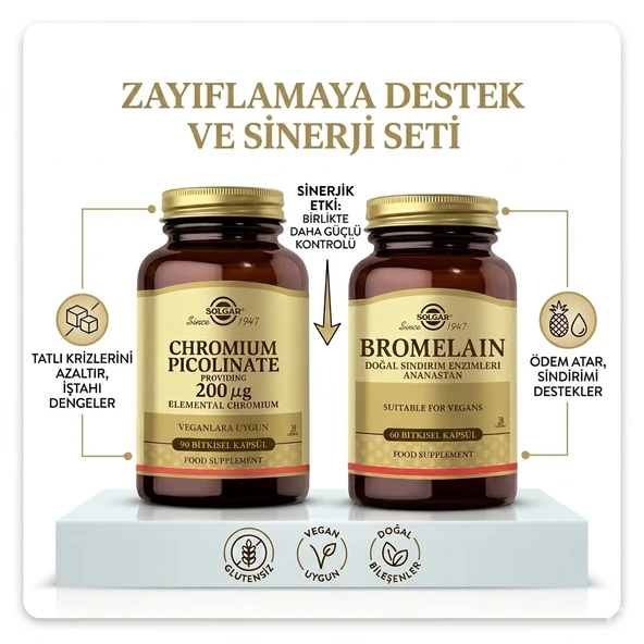 Solgar Bromelain 150 mg 60 Kapsül & Chromium Picolinate 90 Kapsül  Diyet Destek Paketti ürün görseli 1