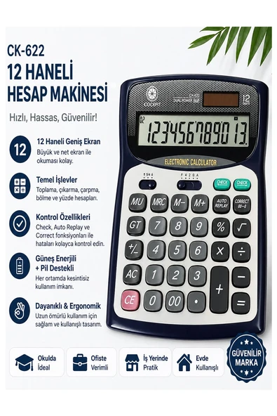 Hesap Makinesi Siyah Gri 14x18.5cm 1 Adet Cockpıt Ck-662T 12 Haneli Büyük Boy Hafızalı Büro Masaüstü Hesap Makinası ürün görseli 1