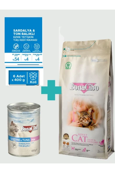 Bonacibo Tavuklu Kısır Kedi Maması 2 Kg & Deniz Ürünlü Ezme Yaş Mama Avantaj Paketi (6x400 gr) ürün görseli 1