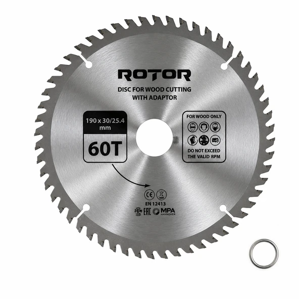 Daire Testere Bıçağı 190x30/25,4 mm 60T – Ahşap Kesim (El Tipi ve Gönye Testere) Adaptörlü ürün görseli 1