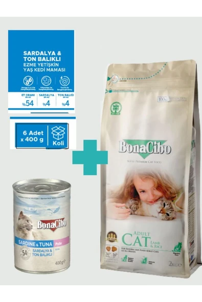 Bonacibo Kuzulu Kuru Mama 2 Kg & Deniz Ürünlü Ezme Yaş Mama Avantaj Paketi (6x400 gr) ürün görseli 1
