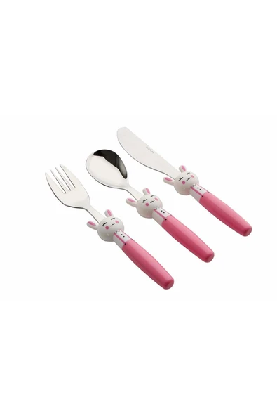 Mini Rabbit Pembe Çocuk Çatal Kaşık Bıçak Takım 3 Parça 04FST001625 ürün görseli 1