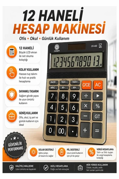 Hesap Makinesi 12x17 cm 1 Adet Cockpıt Ck-402 12 Haneli Orta Boy Ofis Büro Masaüstü Hesap Makinası İşyeri ürün görseli 1
